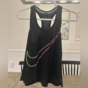 Nike Women's Black Tank Top with Neon Pink and Yellow Swoosh